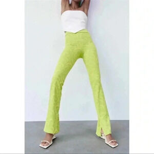 NWT Zara Lime Green Flared Jacquard Pants - Size XS Split Hem Retro ❤️